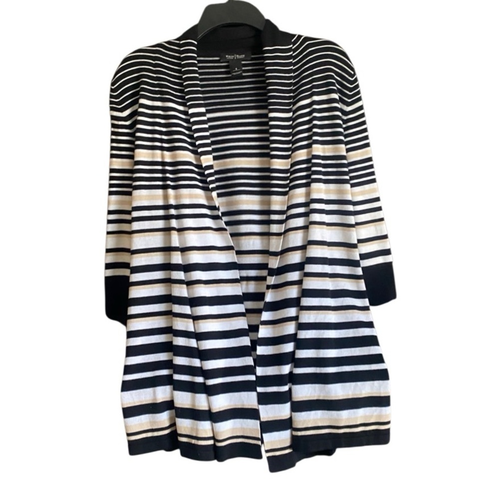 White House Black Market Black/White/Tan Striped Open Cardigan. Size Small